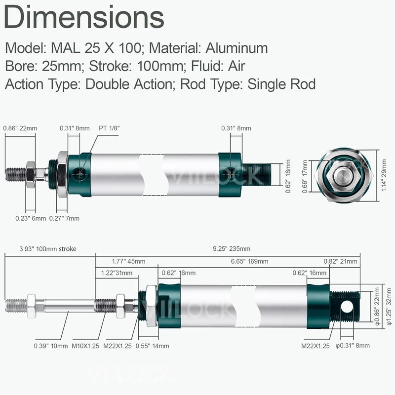 VIILOCK Pneumatic Air Cylinder 25mm Bore 100mm Stroke, Mini Air Cylinder Single Rod Double Action MAL 25 X 100 - Image 4